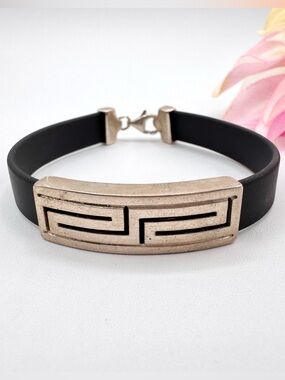 925 Sterling Silver Greek Key ID Style Bracelet Black Band Maker Signed Tested